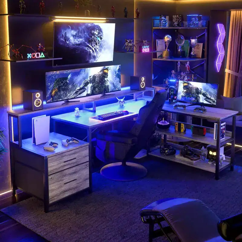 Besiost 66-73 Reversible L-Shaped Desk with Charging Station Home Office Computer Desk with LED Lights & Drawers