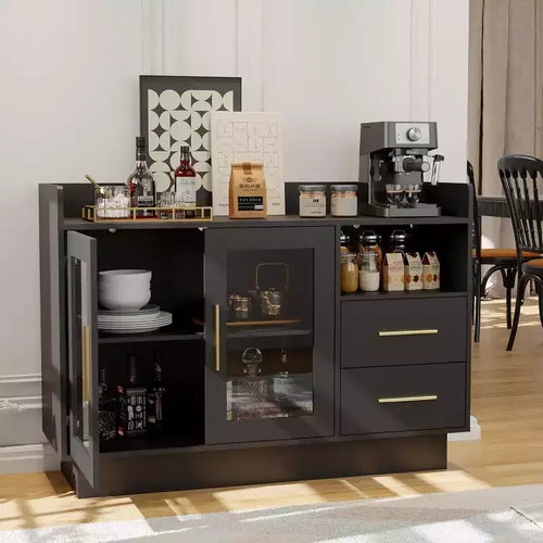 Wine Cabinet Coffee Bar Station with Double Glass Doors Black Liquor Storage Cabinet for Kitchen Living Room