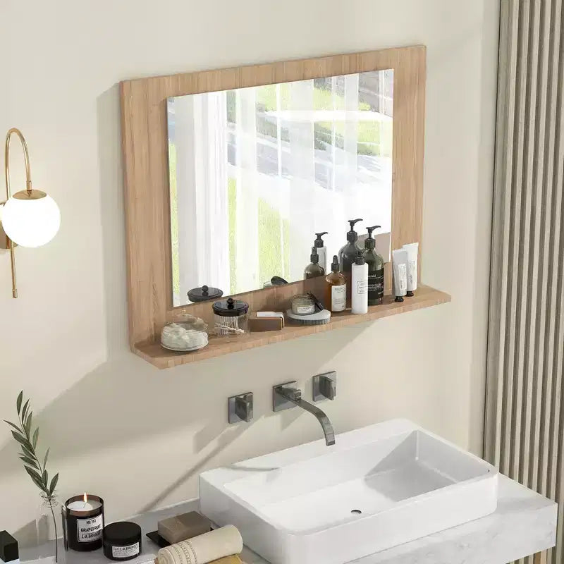 Miroir de salle de bain avec étagère, miroir de maquillage rectangulaire à cadre en bois