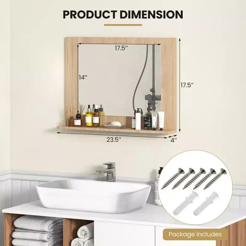 Miroir de salle de bain avec étagère, miroir de maquillage rectangulaire à cadre en bois