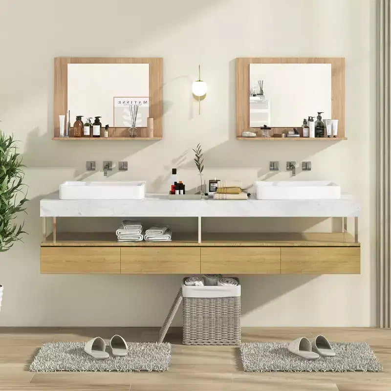 Miroir de salle de bain avec étagère, miroir de maquillage rectangulaire à cadre en bois
