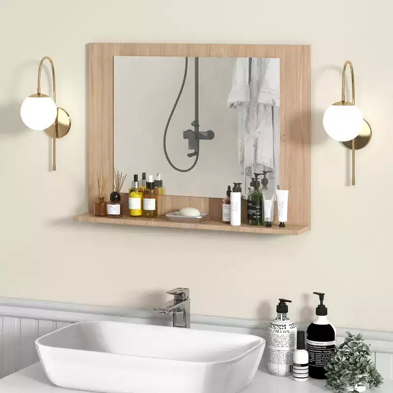 Miroir de salle de bain avec étagère, miroir de maquillage rectangulaire à cadre en bois