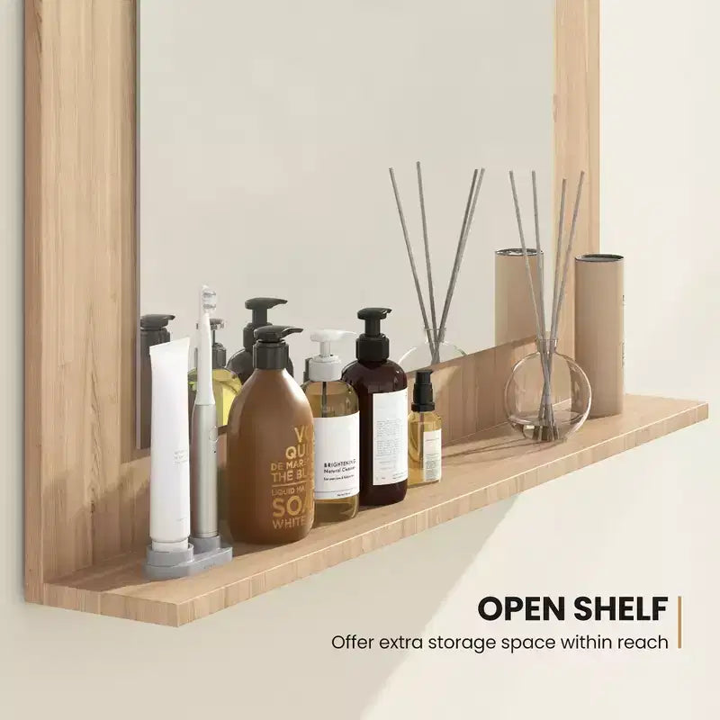 Miroir de salle de bain avec étagère, miroir de maquillage rectangulaire à cadre en bois