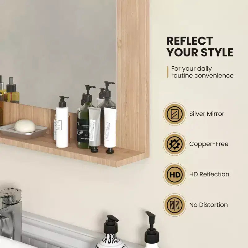 Miroir de salle de bain avec étagère, miroir de maquillage rectangulaire à cadre en bois