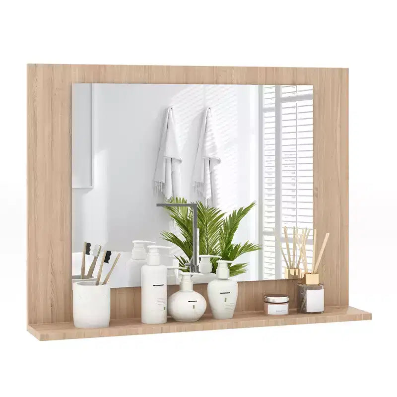 Miroir de salle de bain avec étagère, miroir de maquillage rectangulaire à cadre en bois