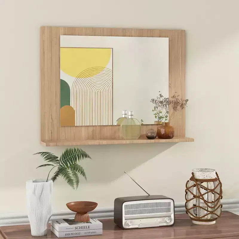 Miroir de salle de bain avec étagère, miroir de maquillage rectangulaire à cadre en bois