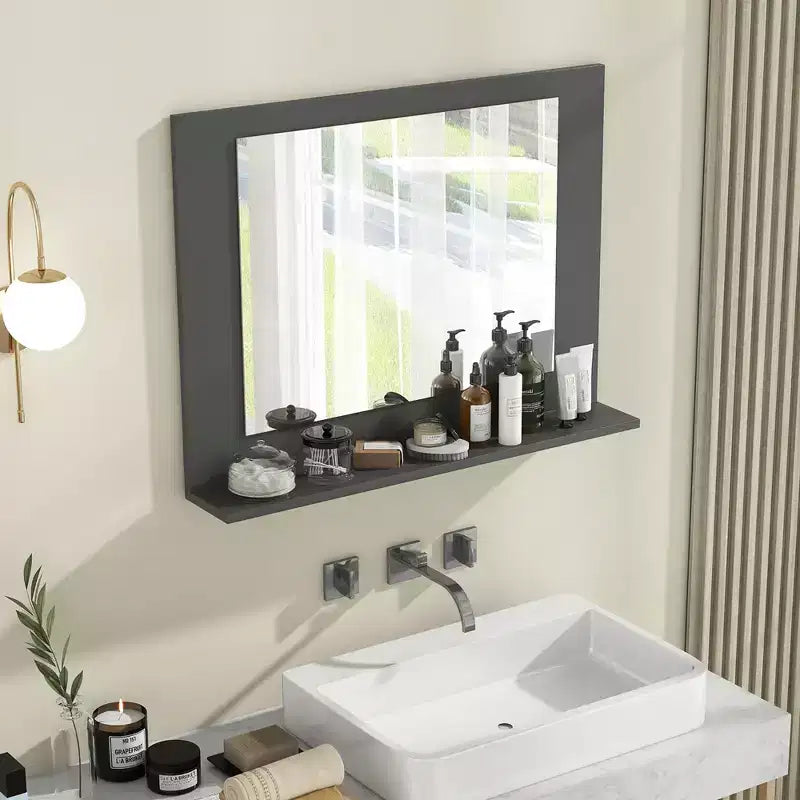 Miroir de salle de bain avec étagère, miroir de maquillage rectangulaire à cadre en bois