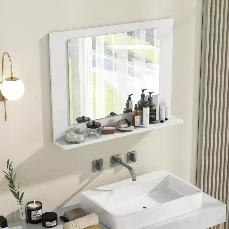 Miroir de salle de bain avec étagère, miroir de maquillage rectangulaire à cadre en bois