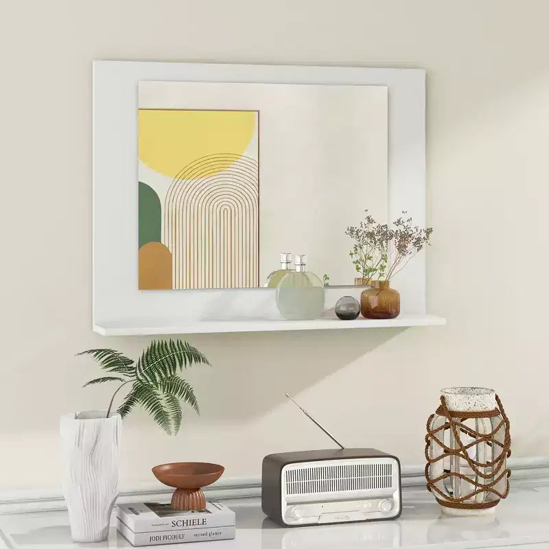 Miroir de salle de bain avec étagère, miroir de maquillage rectangulaire à cadre en bois