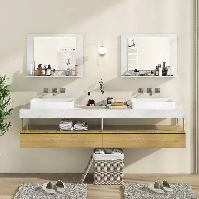 Miroir de salle de bain avec étagère, miroir de maquillage rectangulaire à cadre en bois