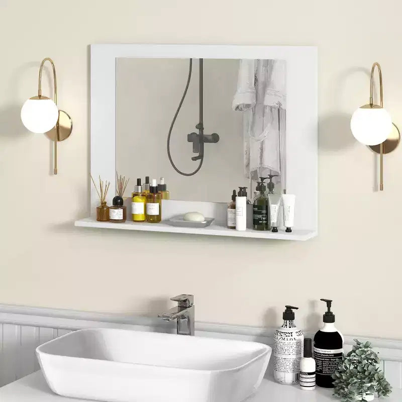 Miroir de salle de bain avec étagère, miroir de maquillage rectangulaire à cadre en bois