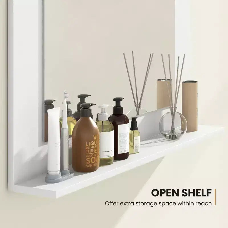 Miroir de salle de bain avec étagère, miroir de maquillage rectangulaire à cadre en bois