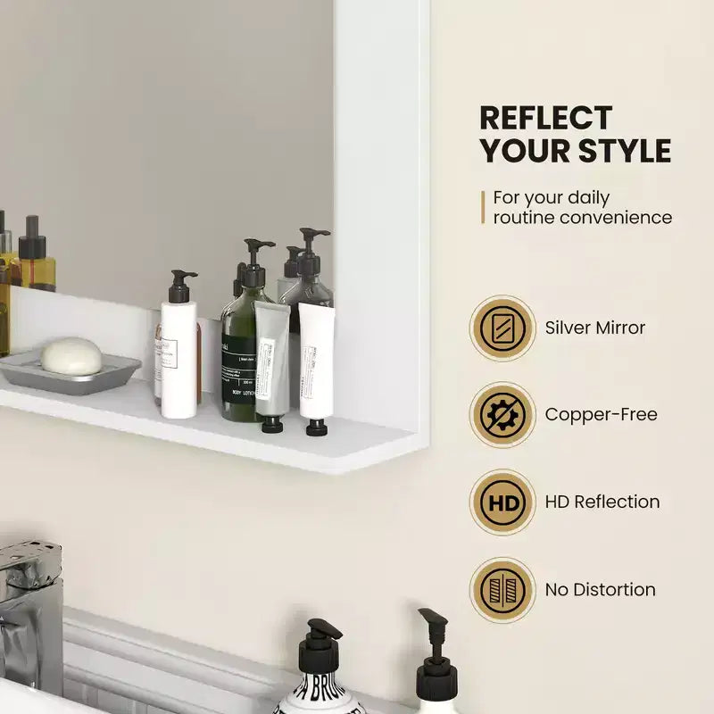 Miroir de salle de bain avec étagère, miroir de maquillage rectangulaire à cadre en bois