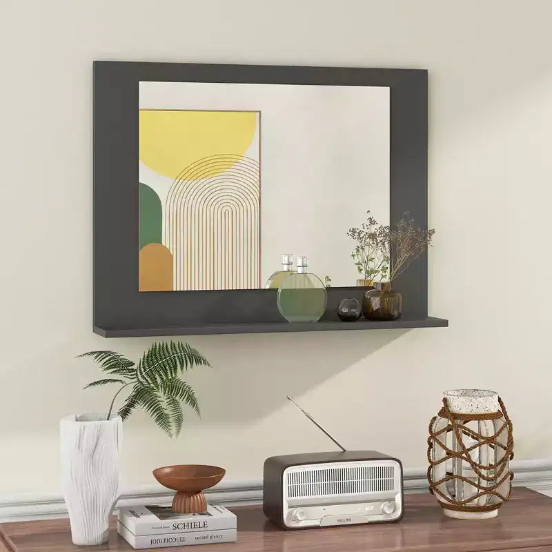 Miroir de salle de bain avec étagère, miroir de maquillage rectangulaire à cadre en bois