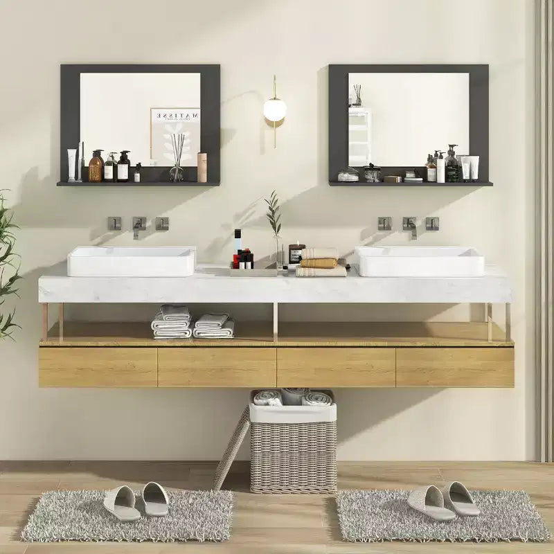 Miroir de salle de bain avec étagère, miroir de maquillage rectangulaire à cadre en bois