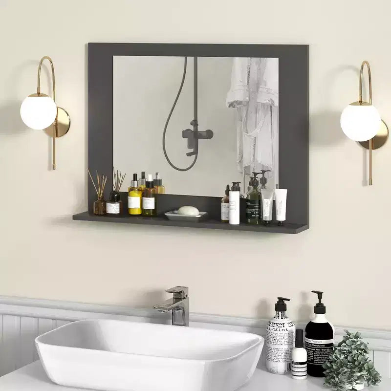 Miroir de salle de bain avec étagère, miroir de maquillage rectangulaire à cadre en bois