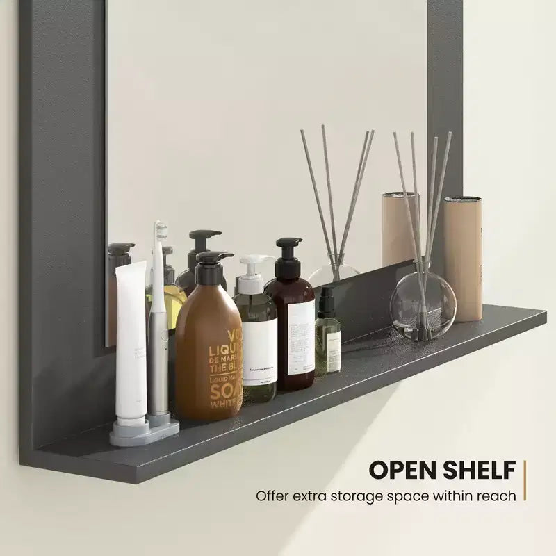 Miroir de salle de bain avec étagère, miroir de maquillage rectangulaire à cadre en bois