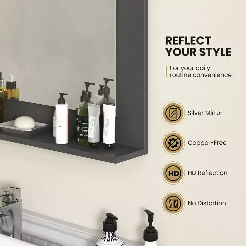 Miroir de salle de bain avec étagère, miroir de maquillage rectangulaire à cadre en bois