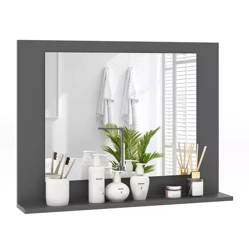 Miroir de salle de bain avec étagère, miroir de maquillage rectangulaire à cadre en bois