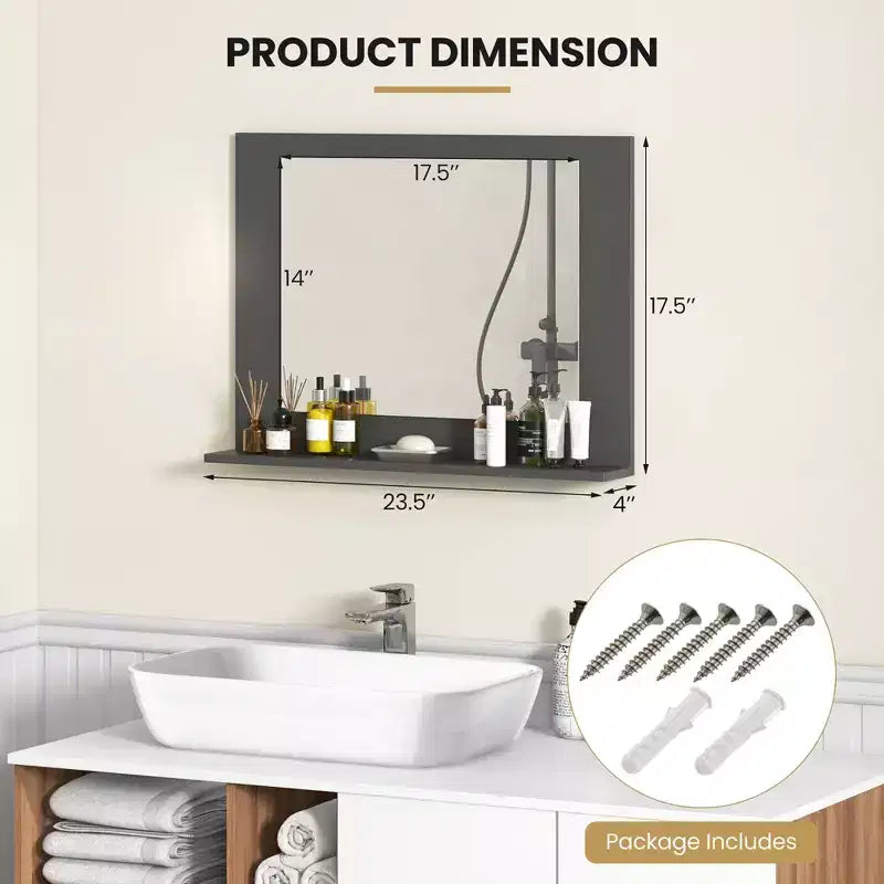 Miroir de salle de bain avec étagère, miroir de maquillage rectangulaire à cadre en bois