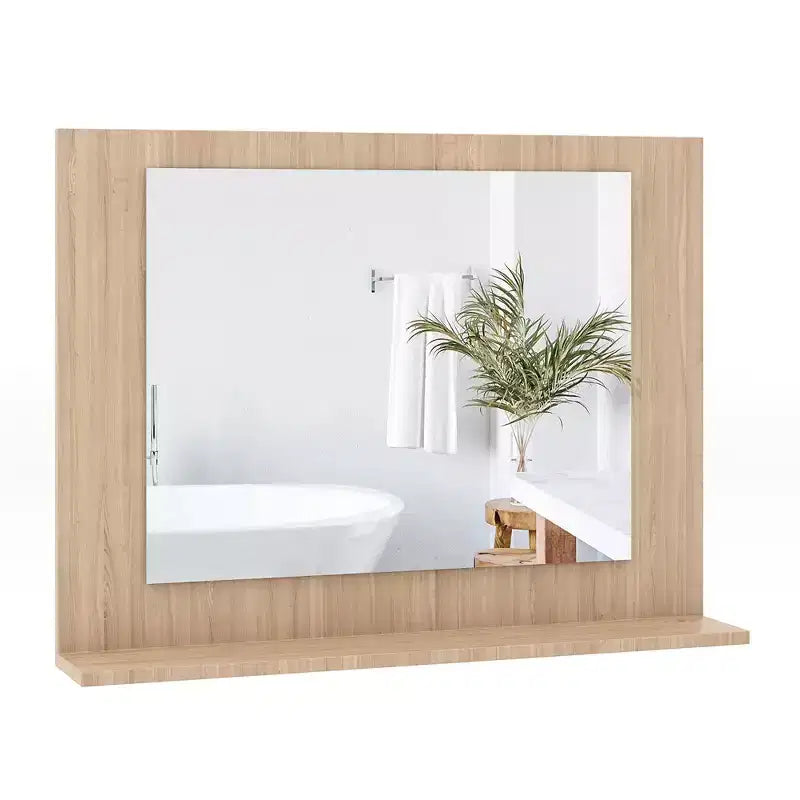 Miroir de salle de bain avec étagère, miroir de maquillage rectangulaire à cadre en bois