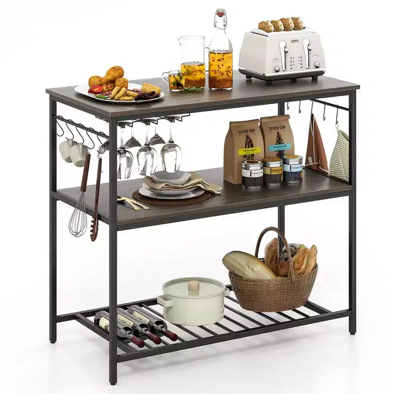 Costway Kitchen Island with 3 Shelves Industrial Kitchen Counter w/ Glass Holders & 10 Hooks 3 Tier Kitchen Shelf w/ Heavy Duty Metal Frame