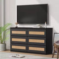 Modern Rattan 6-Drawer Dresser Slim Black Storage Organizer for Bedroom Living Room Entryway Freestanding Cabinet with Metal Handles