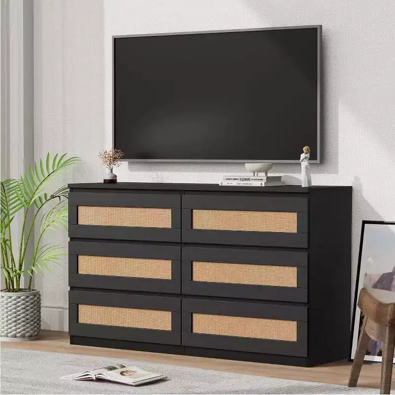 Modern Rattan 6-Drawer Dresser Slim Black Storage Organizer for Bedroom Living Room Entryway Freestanding Cabinet with Metal Handles