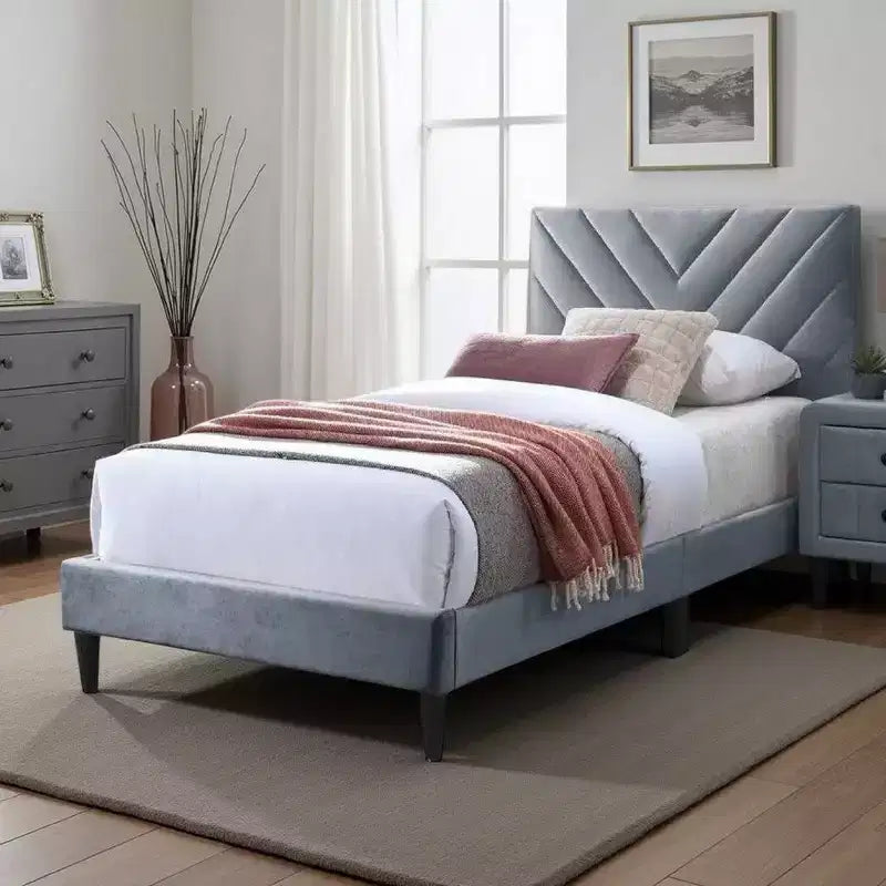 Royal Hampton Twin Size Bed Tufted Gray Velvet Upholstery Chevron Stitch