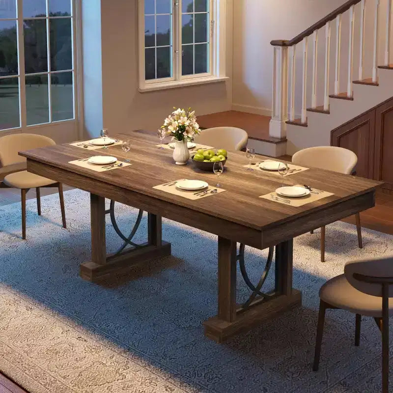 Dining Table for 6-8 with 2 Drawers Wooden Kitchen Table with Double Pedestal & Large Tabletop 8 Ft Large Rectangular Dinner Table with Sturdy Frame