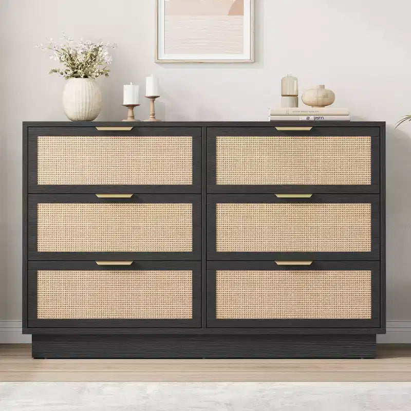 6 Drawer Rattan Dresser for Bedroom Integrated Cabinet Body & Legs Design Wooden Chest of Drawers for Hallways Entryways and Closet Easy Assembly