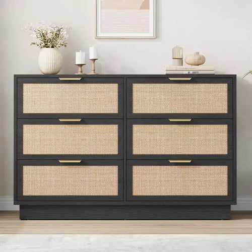 6 Drawer Rattan Dresser for Bedroom Integrated Cabinet Body & Legs Design Wooden Chest of Drawers for Hallways Entryways and Closet Easy Assembly