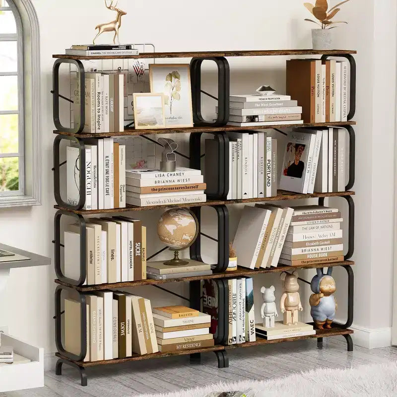 5-Tier Bookshelf Tall Bookcase with Open Wood & Metal Design Vintage Storage Organizer for Books CDs Movies Multi-Purpose Shelf for Living Room