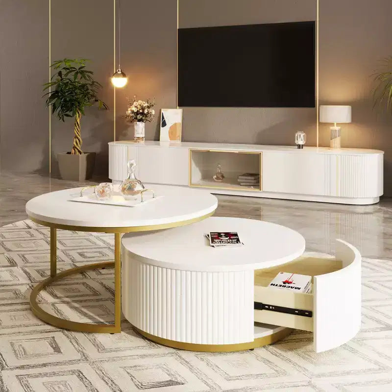 TUYOHW Modern Nesting Coffee Table 31.5/27.6 Fluted Table with Drawer Living Room Accent Table Sturdy MDF Top & Metal Base 80lbs Capacity