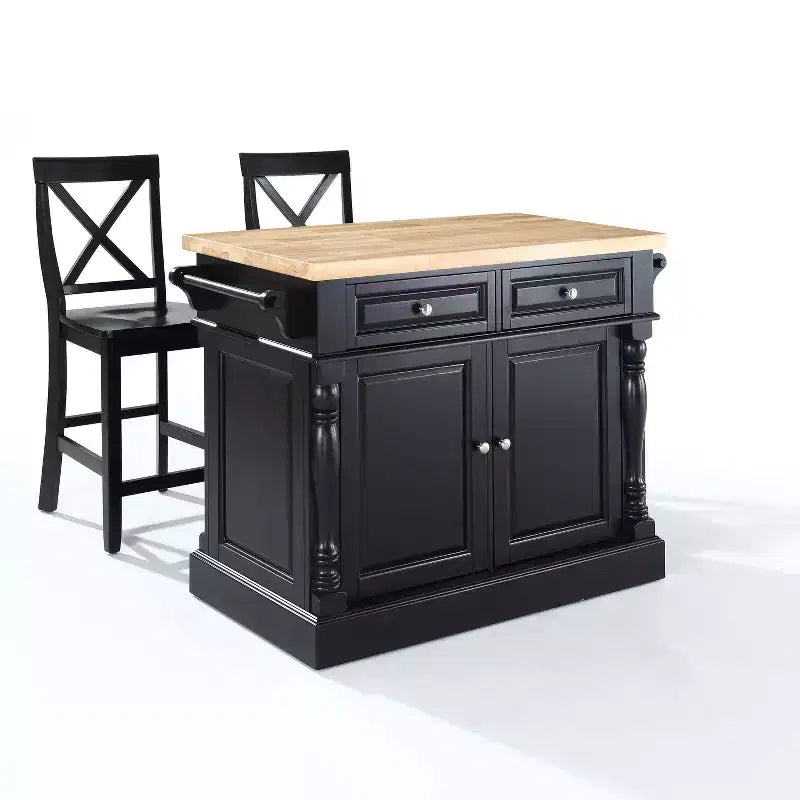 Crosley Oxford Kitchen Island with 2 X-Back Stools Black: Traditional Style Towel Bar 4 Shelves 2 Drawers